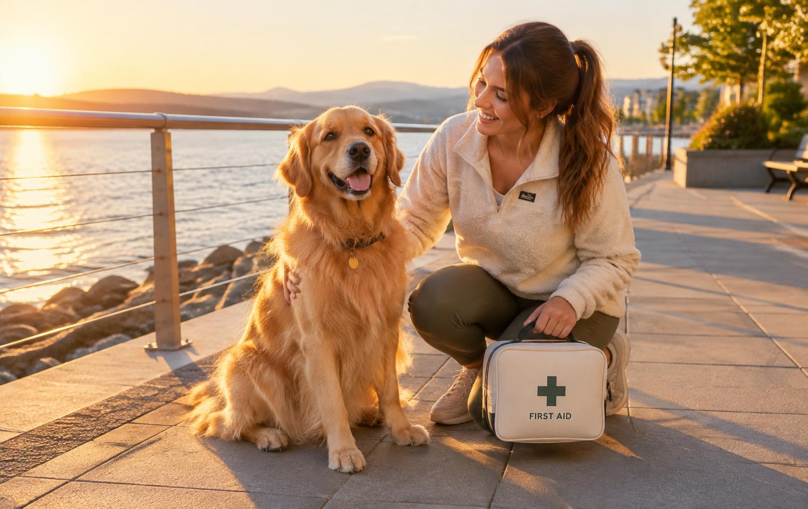 Golden retriever beside its owner holding a first aid kit